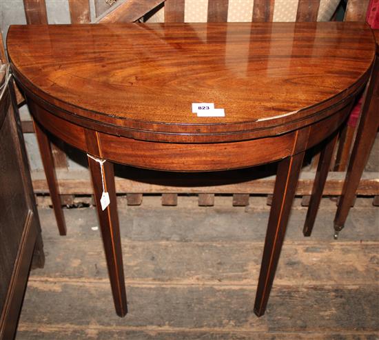 19th century demi lune mahogany tea table with boxwood & ebony inlay on tapered legs(-)